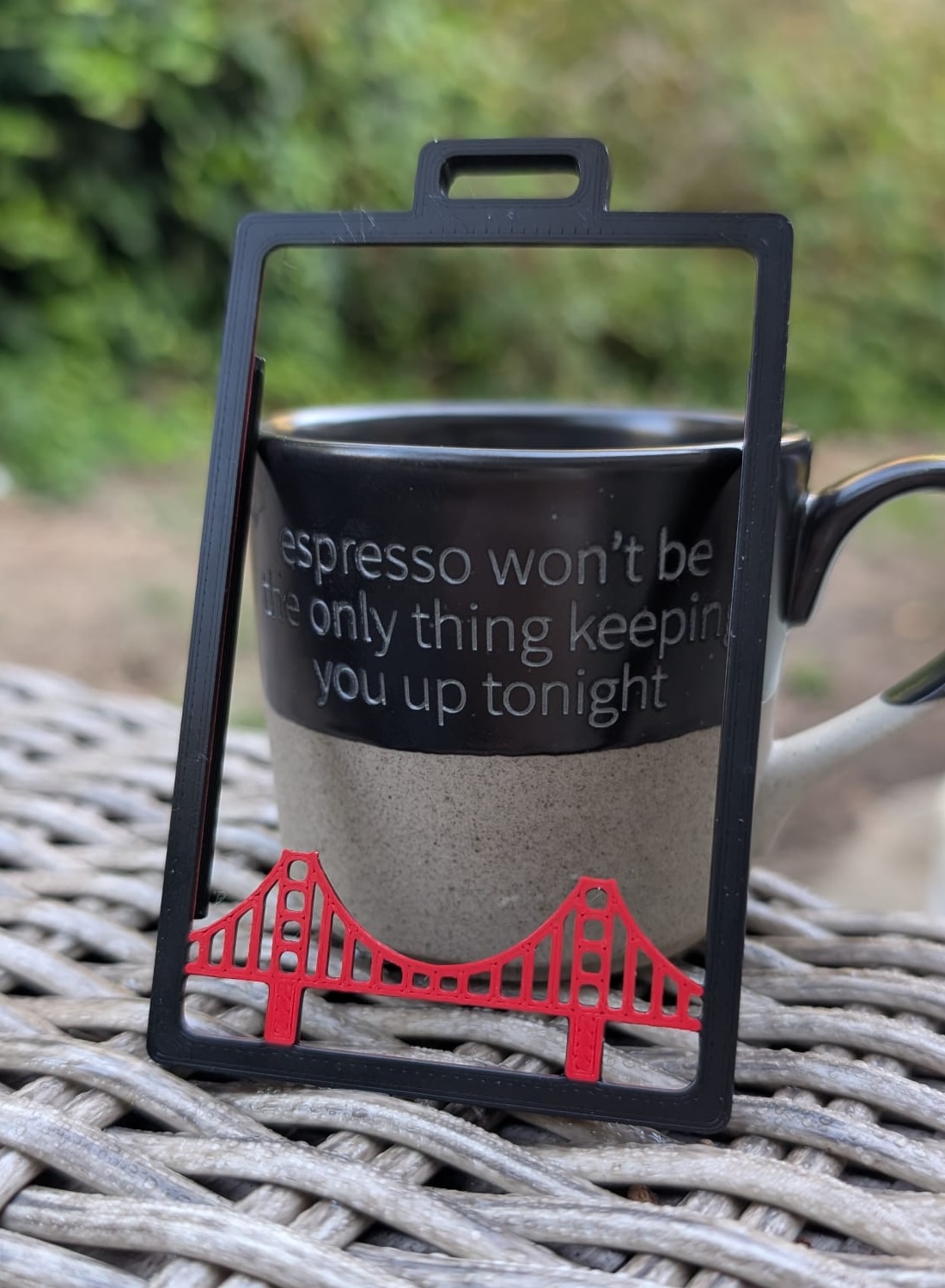 Golden Gate Bridge badge holder with espresso mug and frame